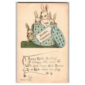 1917 Antique Easter Postcard Sandford Bunnies in Band Box RI Posted